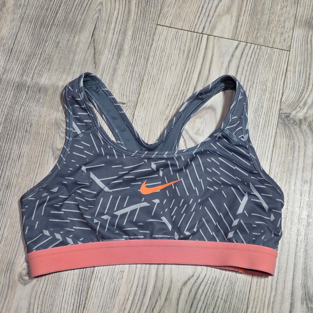Nike Dri Fit Sports Bra - Geometric Print Gray and Coral - Size Small